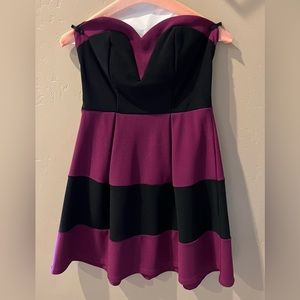 Purple and black strapless dress